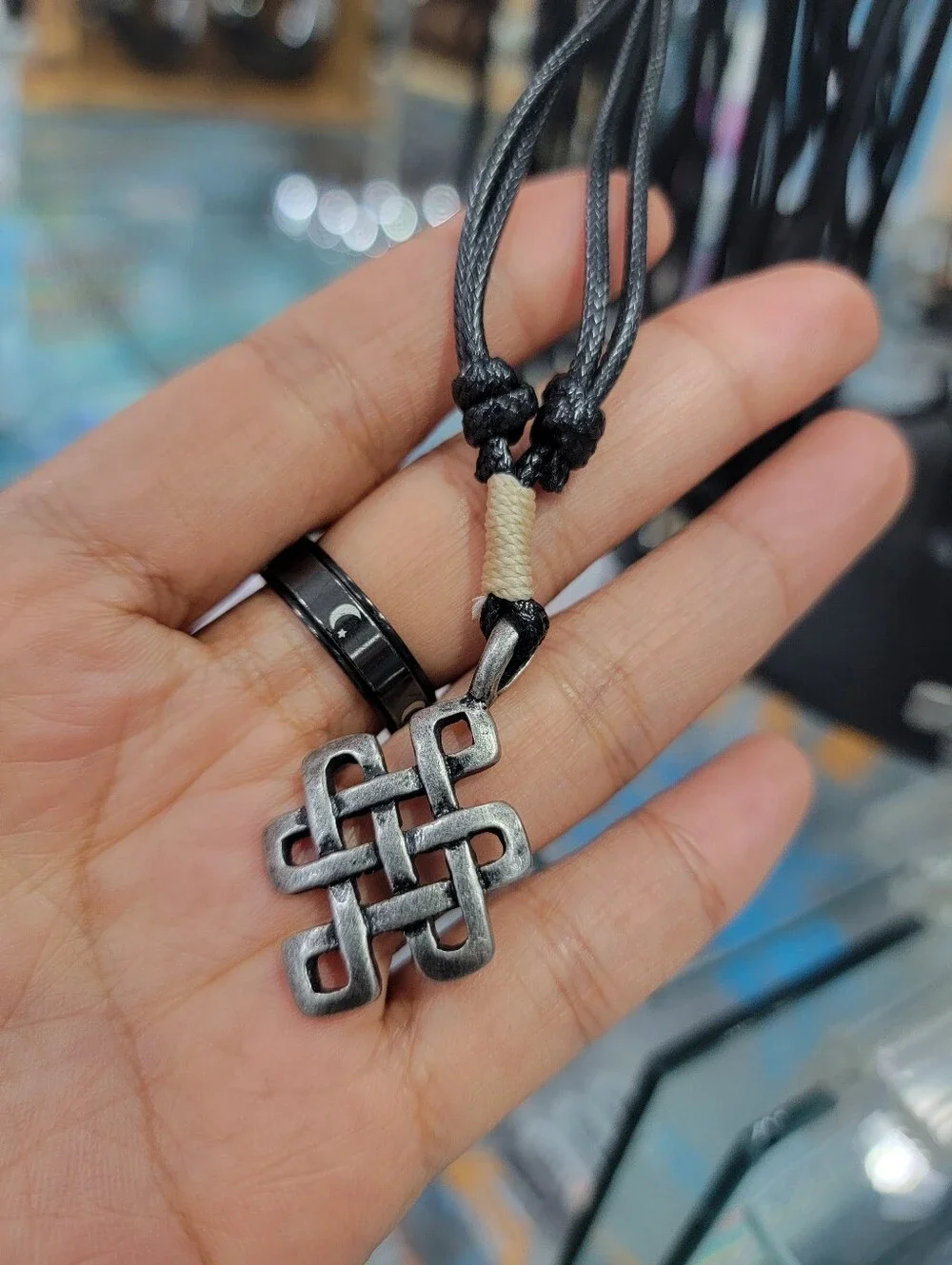 Silver Tone Celtic Knot Pendant Necklace with Black Cord